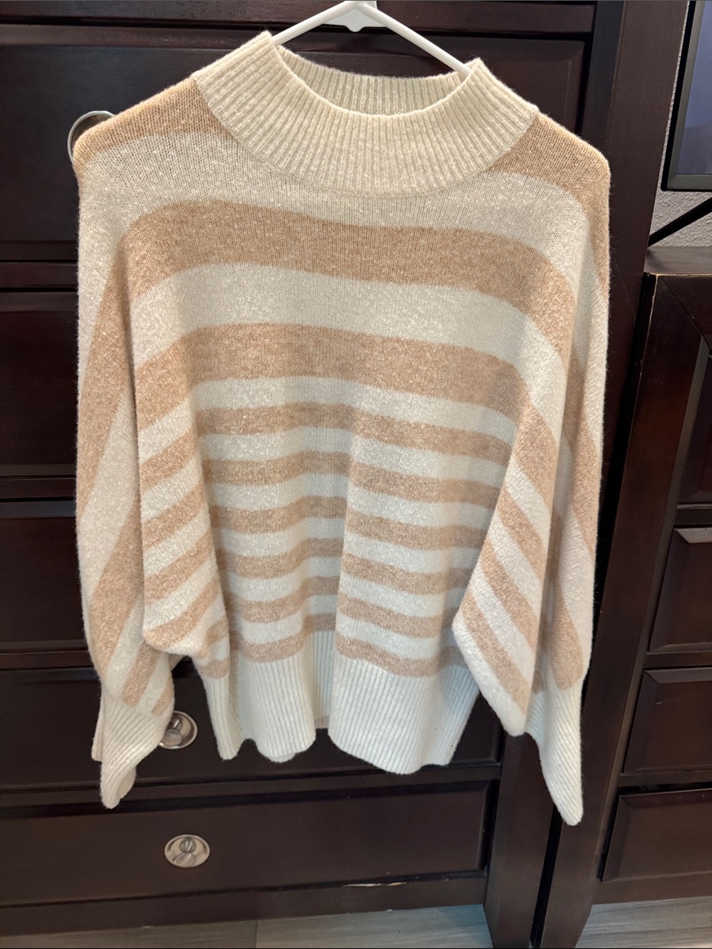 Lush Cream & Tan Striped Cowl Neck Sweater